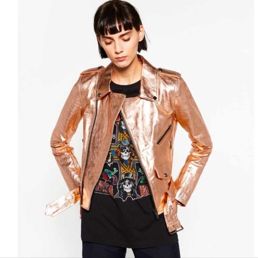 Zara Shiny Copper Metallic Rose Gold Leather Jacket Small